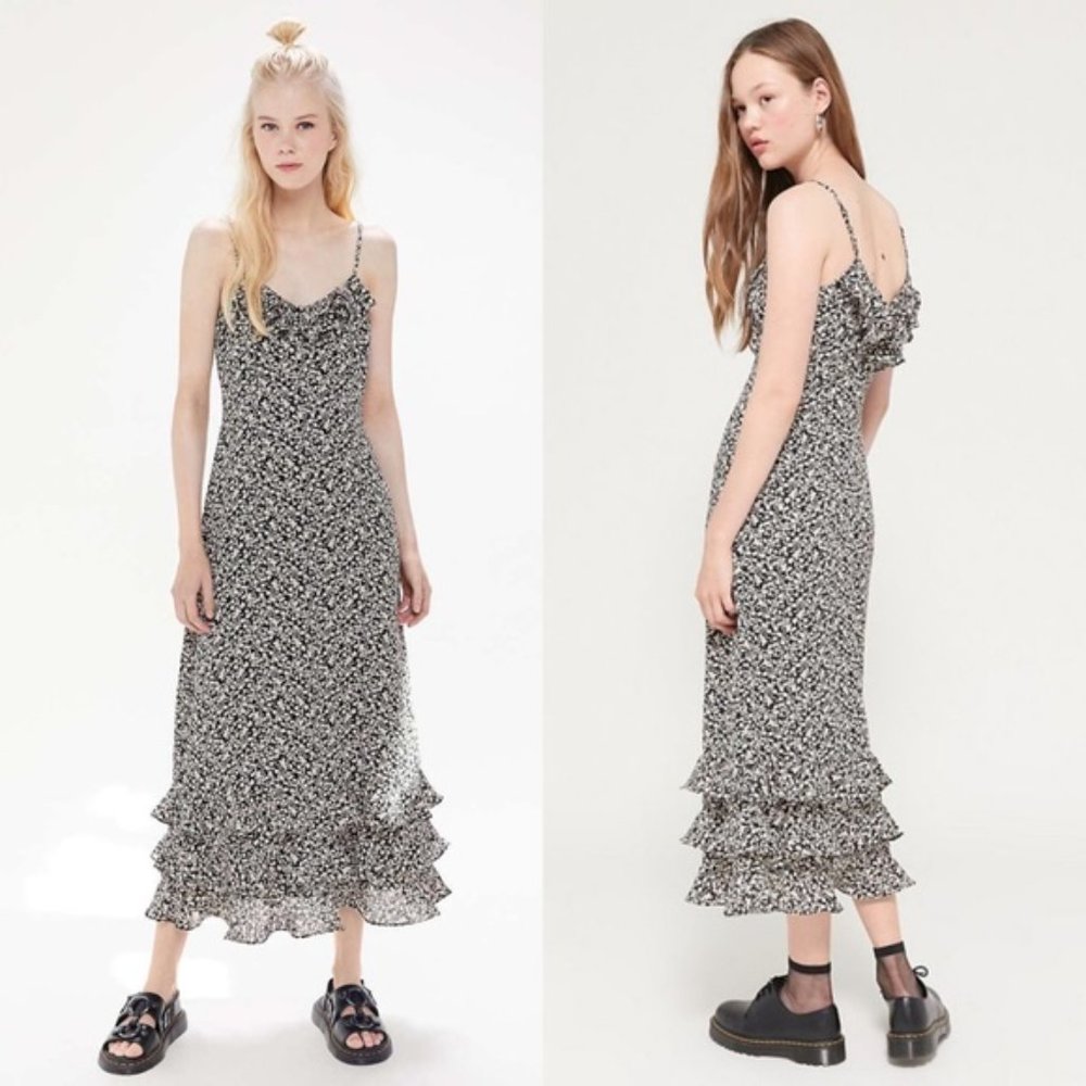 Urban Outfitters Angelica Floral Ruffle Midi Dress Black Cream Size Medium - Picture 12 of 12